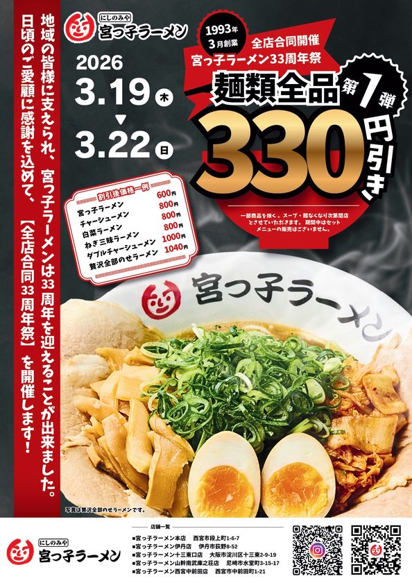 兵庫・西宮のソウルフード「宮っ子ラーメン」が
創業33年を迎える！
日頃の感謝を込めた「33周年祭」を開催！
第一弾：3/19(木)～22(日)、第二弾：3/23(月)～3/31(火)