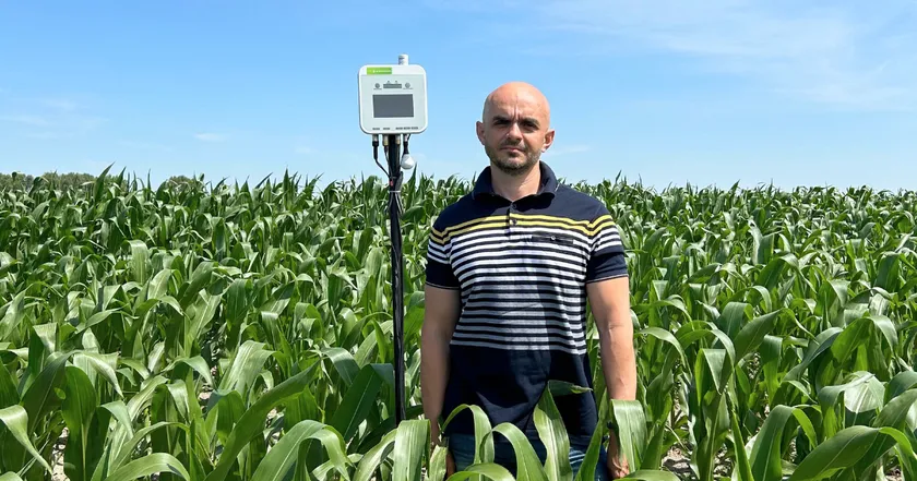 トウモロコシ畑に設置されたe-kakashiと、イヴァン・フランコ記念リヴィウ国立大学のPatsula准教授