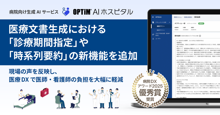 病院向け生成AI搭載サービス「OPTiM AI ホスピタル」、
医療文書生成における「診療期間指定」や「時系列要約」の
新機能を追加