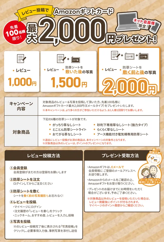 レビュー投稿でAmazonギフトプレゼント