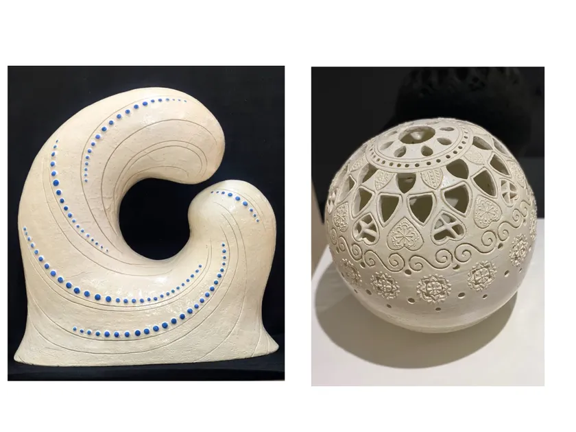 岸 絵里菜さんの作品「Azurune」(左)と山川 スエミさんの作品「Mandala Aeterna」