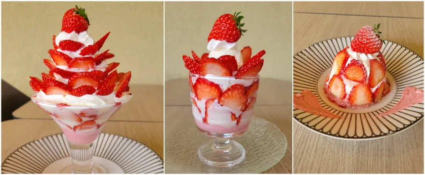左から)いちごな至福パフェ・いちごなチーズドーム・いちごなミニパフェ