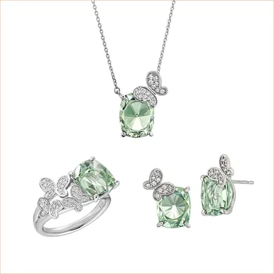 Pt950グリーンクオーツ ダイヤモンド リング、ピアス、ネックレス