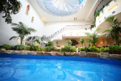 屋内に泉がある全天候型ガーデンがある開放的な空間