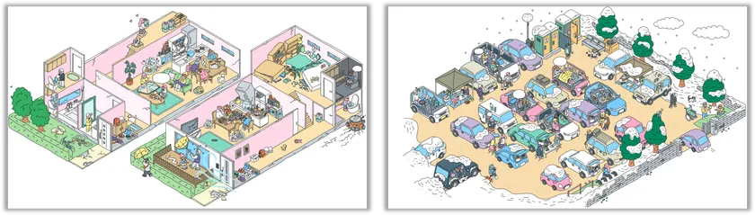 在宅避難と車中避難のイラスト