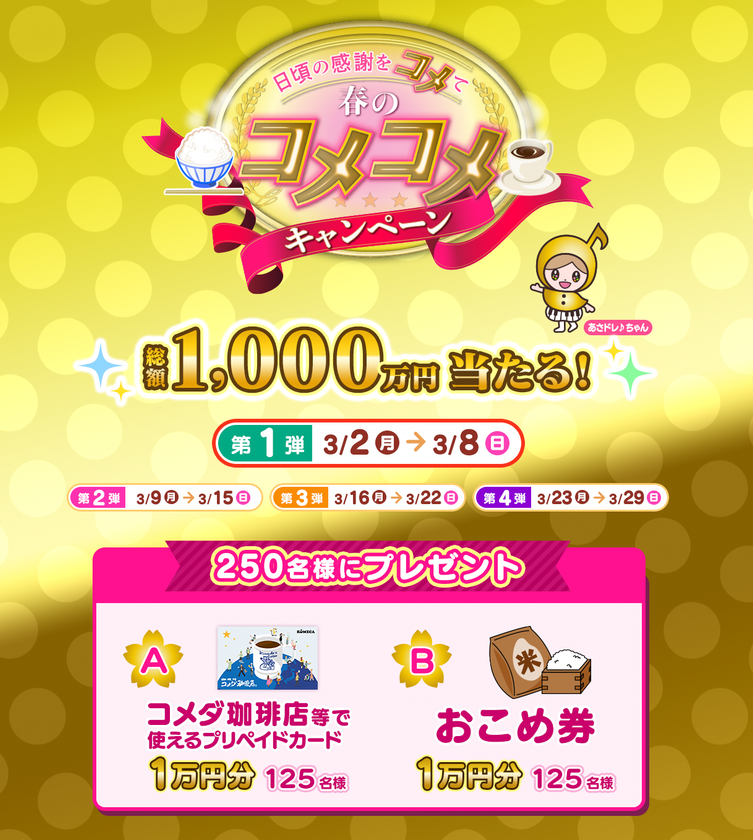 中京テレビを見ると“総額1,000万円”のプレゼントが当たる！
「日頃の感謝をコメて！春のコメコメキャンペーン」実施