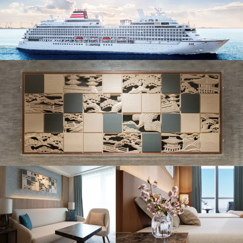 豪華客船『飛鳥III』と、ミッドシップスイート客室「大阪府部屋」(8030号室)に採用。 画像提供:(C)郵船クルーズ株式会社