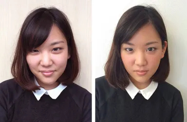 メイク指導による変化　指導前（左）、指導後（右）