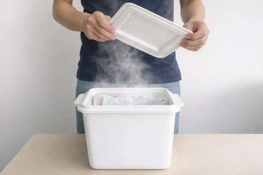 HOTPLUS あったかフードボックス 使用時の蒸気加温の様子