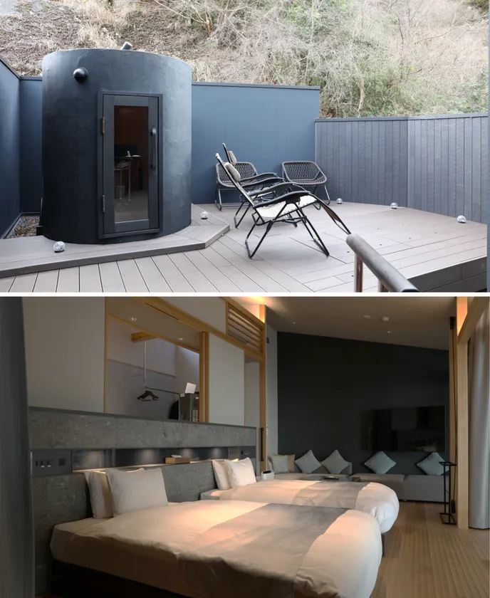 (上)サウナ付貸切風呂 (下)プレミアムリバースケープルーム