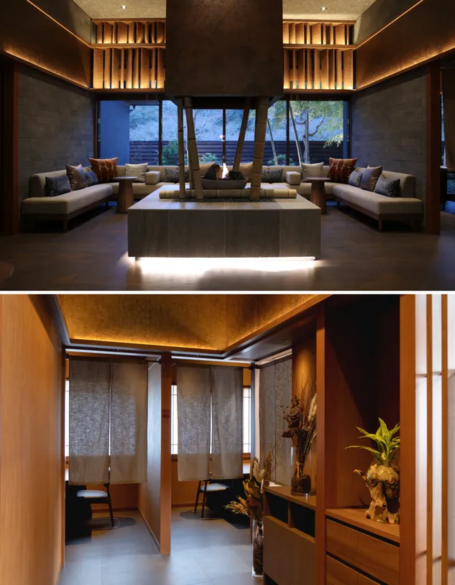 (上)暖炉を設えたエントランスロビー (下)全室個室のダイニング