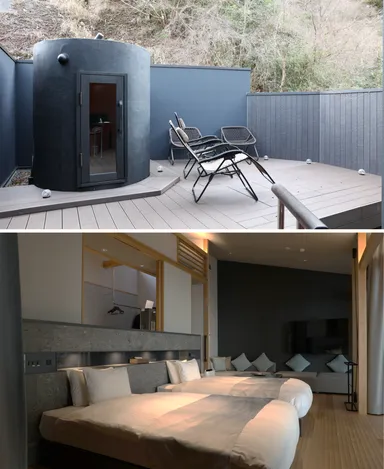 (上)サウナ付貸切風呂 (下)プレミアムリバースケープルーム