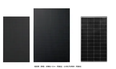 低反射(防眩)太陽光パネル(写真左)とVOLTURBO(写真右)