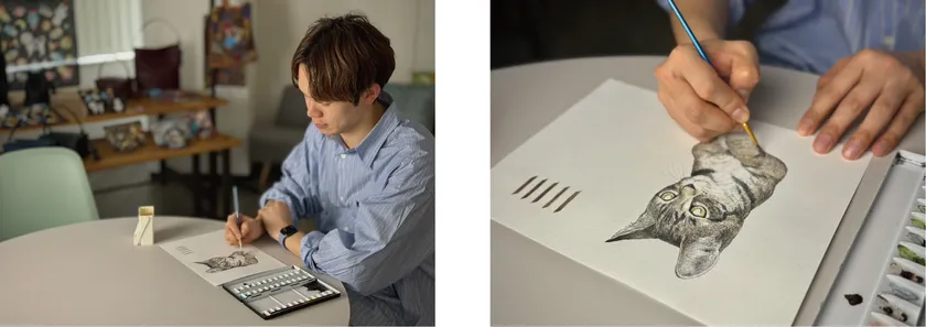 (左)デザイナーの高林 薫(Kaoru Takabayashi) (右)全てのテキスタイルはペンと水彩画で描かれた手描きイラストからうまれます