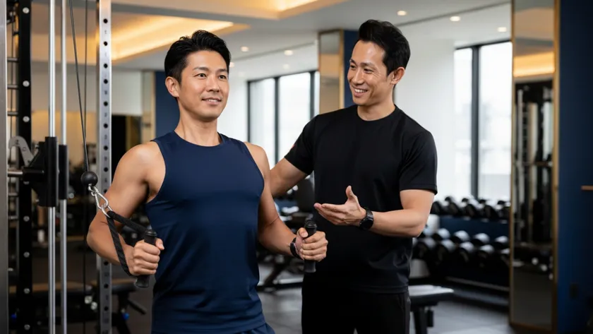 40代男性ビジネスパーソンを主対象に、一人ひとりの身体特性に合わせたフォーム指導を行う様子。 筋力向上だけでなく、姿勢・可動性・身体機能まで含めた本質的な身体づくりを重視している。