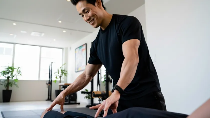 トレーニング前後に身体の状態を確認しながら、関節可動域や筋出力のバランスを細かく調整する指導風景。 EIDOSでは、単なる負荷提供ではなく「なぜ不調が起こるか」まで分析してプログラムを組み立てる。