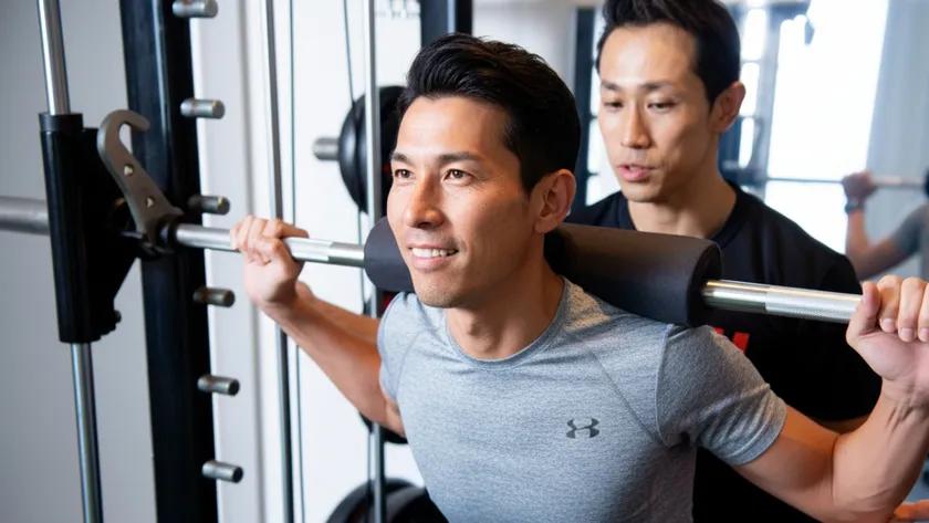 マシントレーニングにおいても、動作軌道・筋出力・姿勢保持を細かく確認しながら実施。 40代以降に増えやすい肩・腰・股関節への負担を抑えた安全性の高い指導を特徴とする。