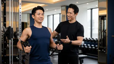 40代男性ビジネスパーソンを主対象に、一人ひとりの身体特性に合わせたフォーム指導を行う様子。 筋力向上だけでなく、姿勢・可動性・身体機能まで含めた本質的な身体づくりを重視している。