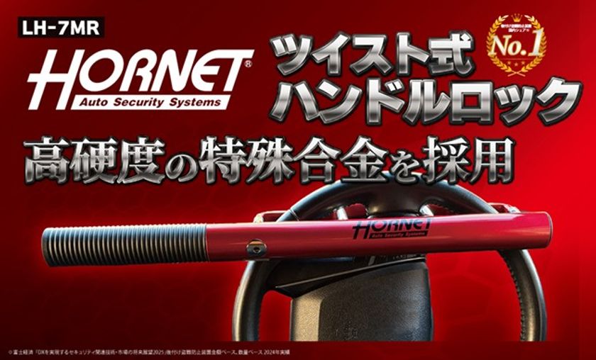 愛車の防犯対策に！
タフな守りに上質感をさりげなく、大人のためのワインレッド　
HORNETハンドルロック LH-7MR4月3日(金)発売