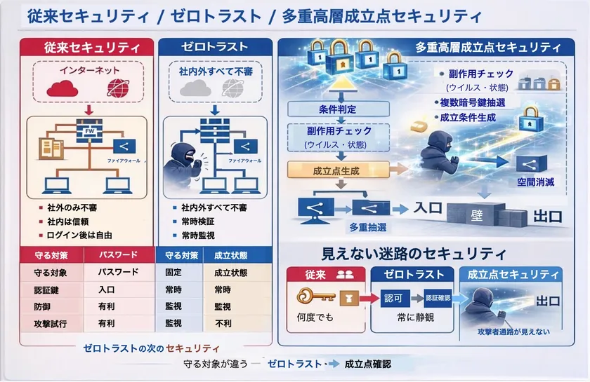 従来とゼロトラストと成立点セキュリティーの比較