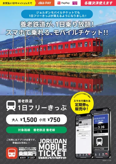 「養老鉄道1日フリーきっぷ」リーフレット　表面