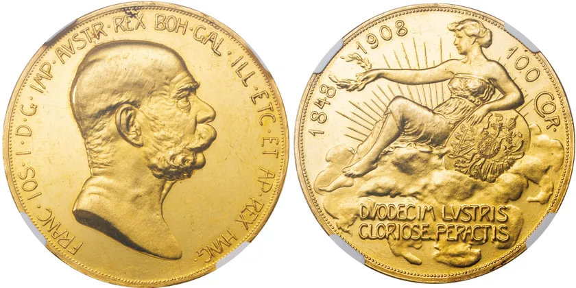オーストリア フランツ・ヨーゼフ 1世治世 60周年記念 雲上の女神 100コロナ金貨　1908年