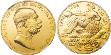 オーストリア フランツ・ヨーゼフ 1世治世 60周年記念 雲上の女神 100コロナ金貨　1908年
