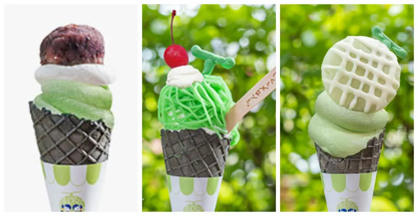 左から)ぼたもちソフト／メロメロモンブランソフト／茨城メロンソフト