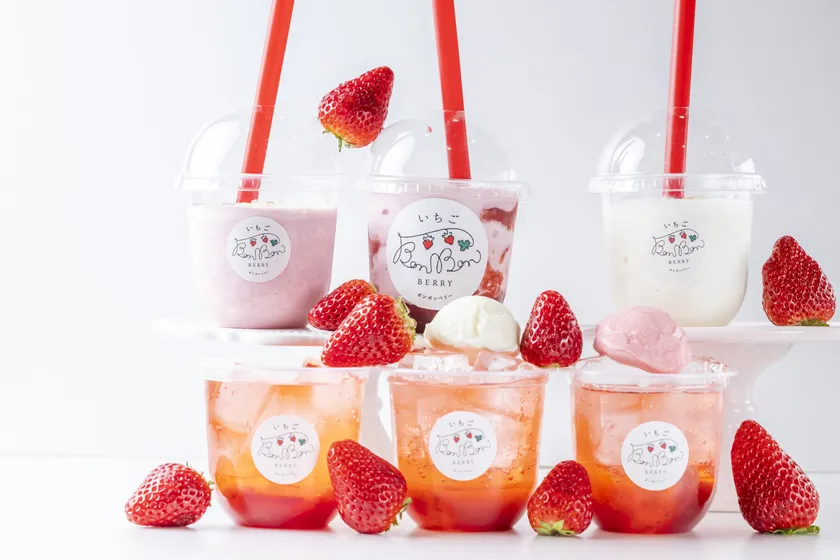 新作ドリンク6種、上)紅ほっぺいちごシェイクシリーズ、下)紅ほっぺいちごサイダーシリーズ