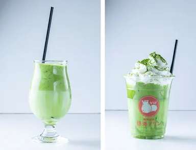 むっちゃ抹茶ラテ 左：600円(イートイン)、右：700円(テイクアウト)