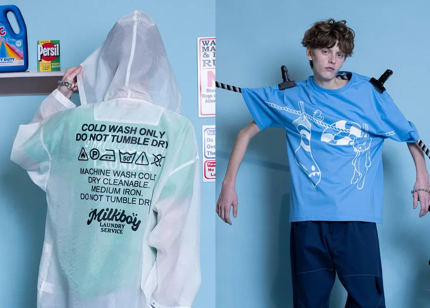 左) フードシャツ 33,550円、Tシャツ 8,250円 / 右) Tシャツ 10,450円、パンツ 30,140円 (全て税込)