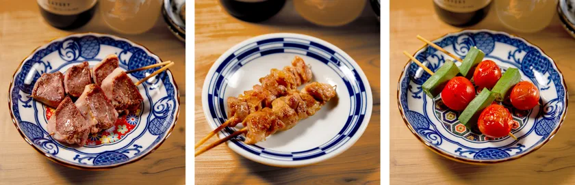 名物 豚タン串、もも串、トマトオクラ串