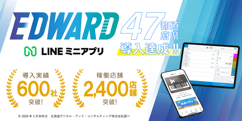 LINEミニアプリで会員証・ポイントカード・
顧客管理(CRM)を構築できる「EDWARD(エドワード)」　
全国47都道府県での導入達成、600社・2,400店舗突破