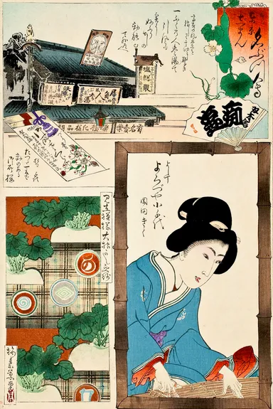 (Photo_05)「東京自慢名物会 薬種化粧品問屋 せと物町 きの国や斎藤」梅素薫図案 福田熊次郎版 1896年(明治29)頃