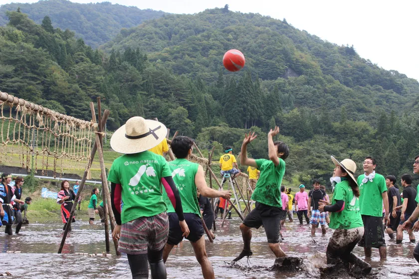 会場は、岐阜県郡上市にある美しい自然が残る有機農場。無農薬栽培のお米を育てる田んぼがコートです