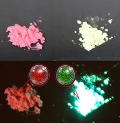 Rhodamine B(赤、左)と Fluorescein(緑、右)を加えたシリカ複合体です。上は室内の光で見た様子、下はLED(波長405 nm)を当てたときの発光の様子です。各粉末の拡大図は、複合体の構造イメージを示しています。