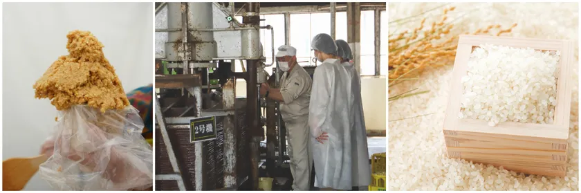 右から)味噌詰め放題/工場見学の様子/米盛り放題 ※すべてイメージです