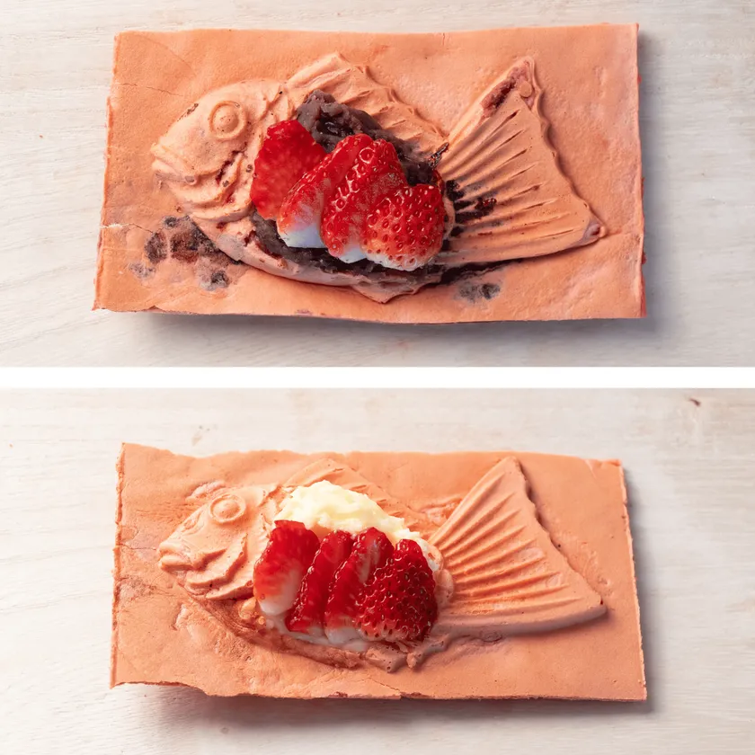 (上から)キンメたい焼き〈つぶあん／いちご〉〈クリーム／いちご〉