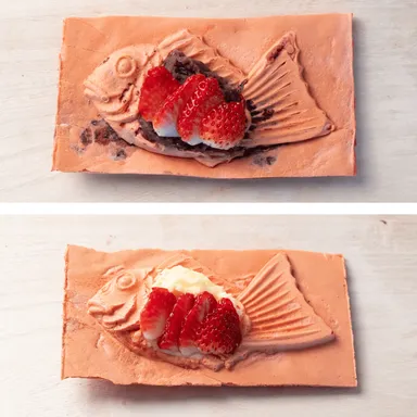 (上から)キンメたい焼き〈つぶあん／いちご〉〈クリーム／いちご〉