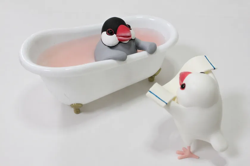 桜文鳥パッケージに使用した、立体造形作家 midonos.の桜文鳥と白文鳥の粘土細工(湯は合成)