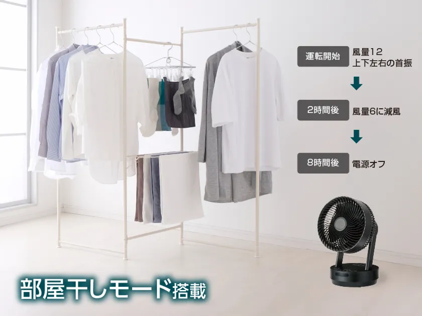 部屋干しモードで首振と風量を一度に設定