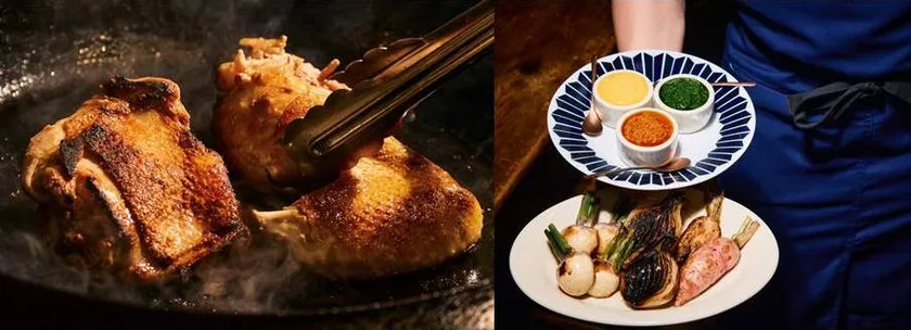 地鶏炭火焼き／無農薬焼き野菜・ソース3種類