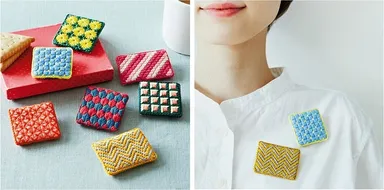 幾何学模様と色の糸遊び　テキスタイルをまとうスクエアブローチ