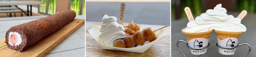 「アニバーサリーロール」2,500円／「けんぴとみたらしおがわ庵ソフト」600円／「オガワ盛りモリモリソフト」900円