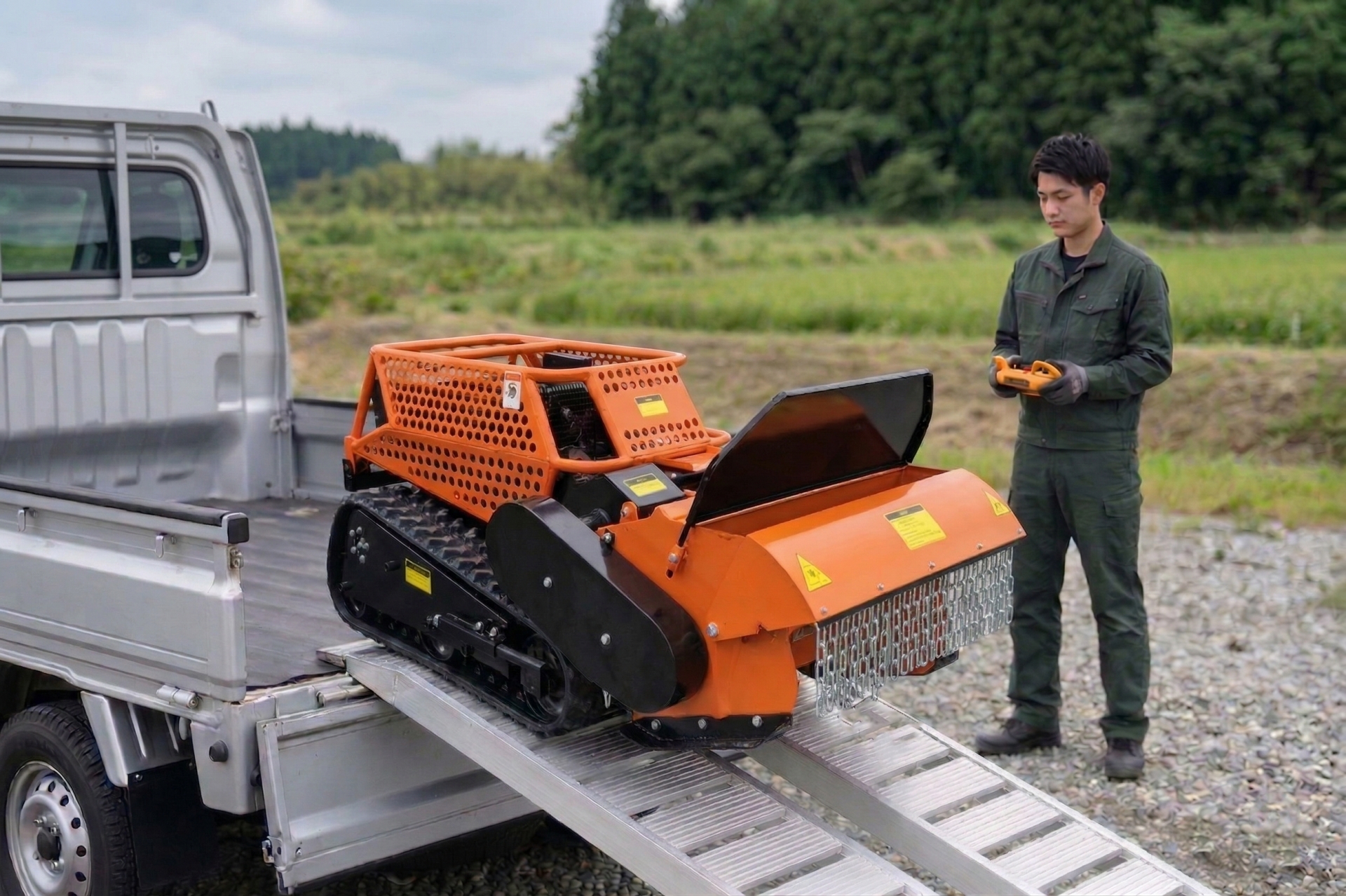 ハンマーナイフラジコン草刈機 12馬力ディーゼルエンジン 刈幅800 軽トラ乗れ 発売2週間で100台完売したハンマーナイフ型・ラジコン草刈機