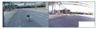 図4左. 走行中の四足歩行ロボット　右. ロボットが取得した映像