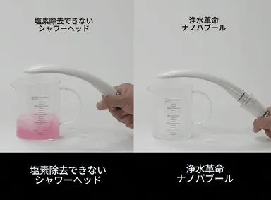塩素に反応する試験薬を入れた実験を実施　残留塩素濃度が高いほどピンク色が濃くなる