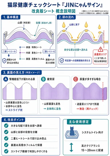 改良版JINにゃんサインの概念説明図です。尿の流れや判定部分への接触を考慮し、より使いやすい構造を検討しています。