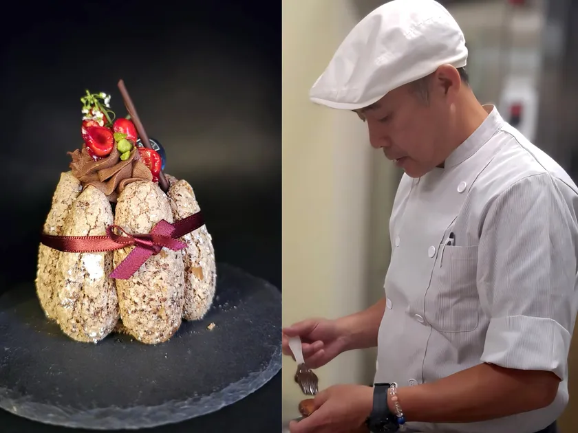「シャルパンティエ マツイ」の「Chalotte au chocolat poun les Vacances」とオーナーシェフ 松井 孝氏