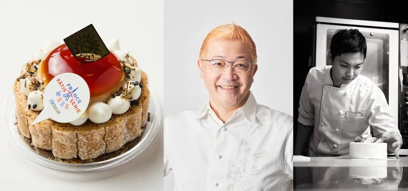 「Mont St. Clair」の「シャルロットほうじ茶セザム」とオーナーシェフ 辻口 博啓氏(中央)、スーシェフの八代 真秀氏